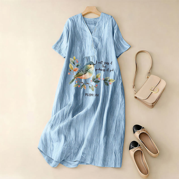 Christianartworkshop "I Will Sing Of The Goodness Of God" Psalm 89:1 Bird Branch Print V-Neck Short Sleeve Midi Dress - image 2