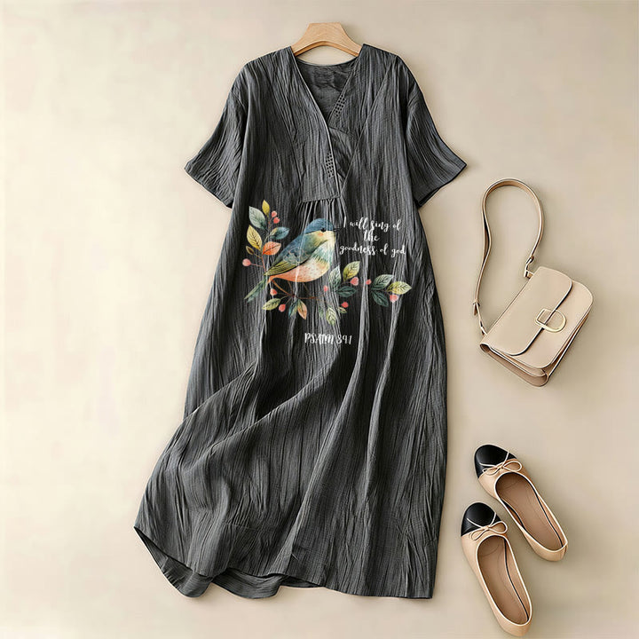 Christianartworkshop "I Will Sing Of The Goodness Of God" Psalm 89:1 Bird Branch Print V-Neck Short Sleeve Midi Dress - image 5
