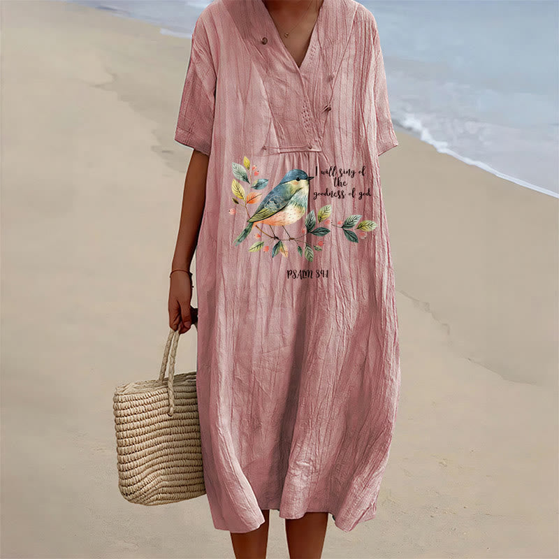 Christianartworkshop "I Will Sing Of The Goodness Of God" Psalm 89:1 Bird Branch Print V-Neck Short Sleeve Midi Dress - Pink - 4XL - image 9