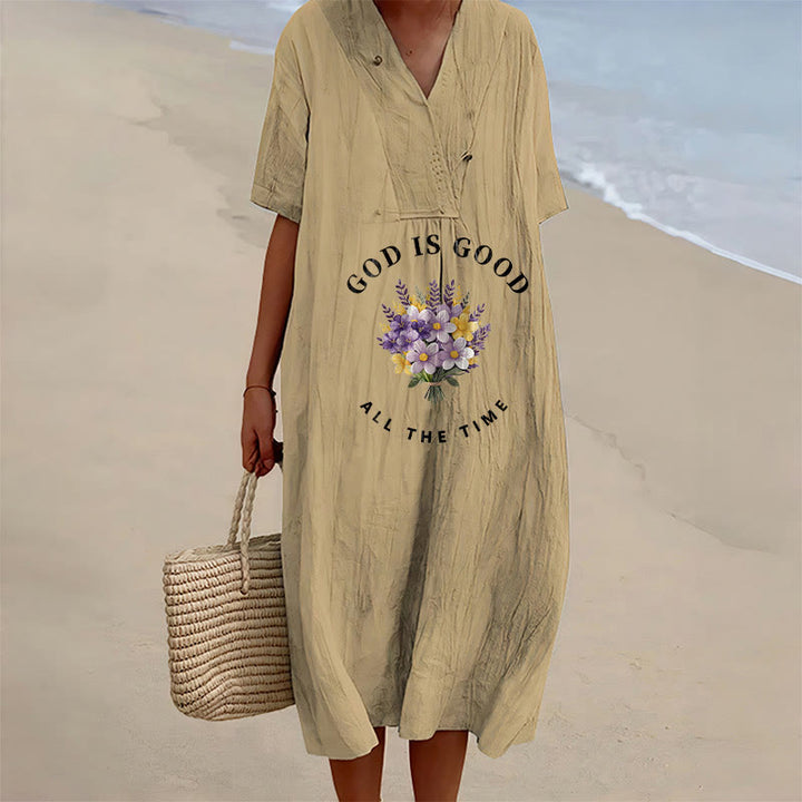 Christianartworkshop "God Is Good All The Time" Floral Bouquet Print V-Neck Short Sleeve Midi Dress - Khaki - 4XL - image 15