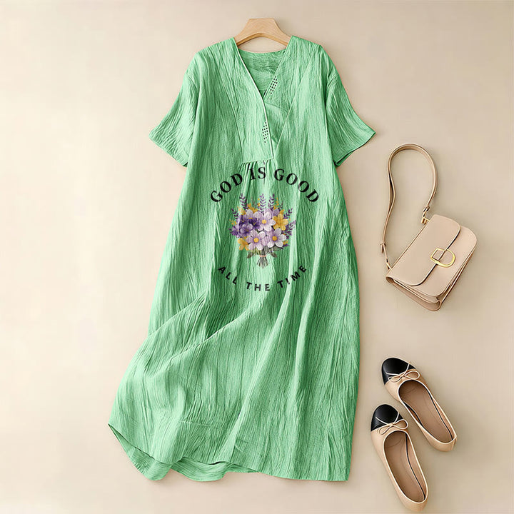 Christianartworkshop "God Is Good All The Time" Floral Bouquet Print V-Neck Short Sleeve Midi Dress - image 14
