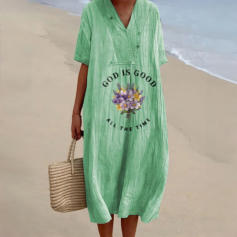 Christianartworkshop "God Is Good All The Time" Floral Bouquet Print V-Neck Short Sleeve Midi Dress - Green - 4XL - image 12