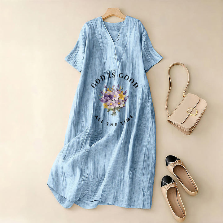 Christianartworkshop "God Is Good All The Time" Floral Bouquet Print V-Neck Short Sleeve Midi Dress - image 5