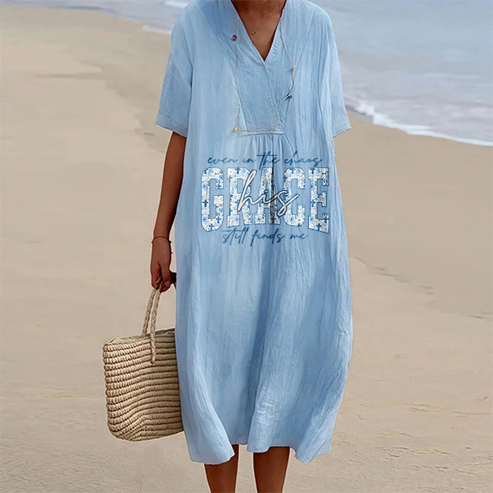 Christianartworkshop Classic "His Grace Still Finds Me" Plaid Print V-Neck Loose Midi Dress - Blue - 4XL - image 6