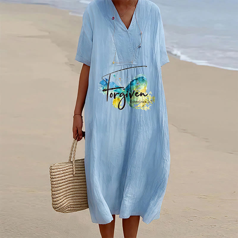 Christianartworkshop Church Gathering Outfit Bible Verse Watercolor Butterfly V-Neck Midi Dress - Blue - 4XL - image 12