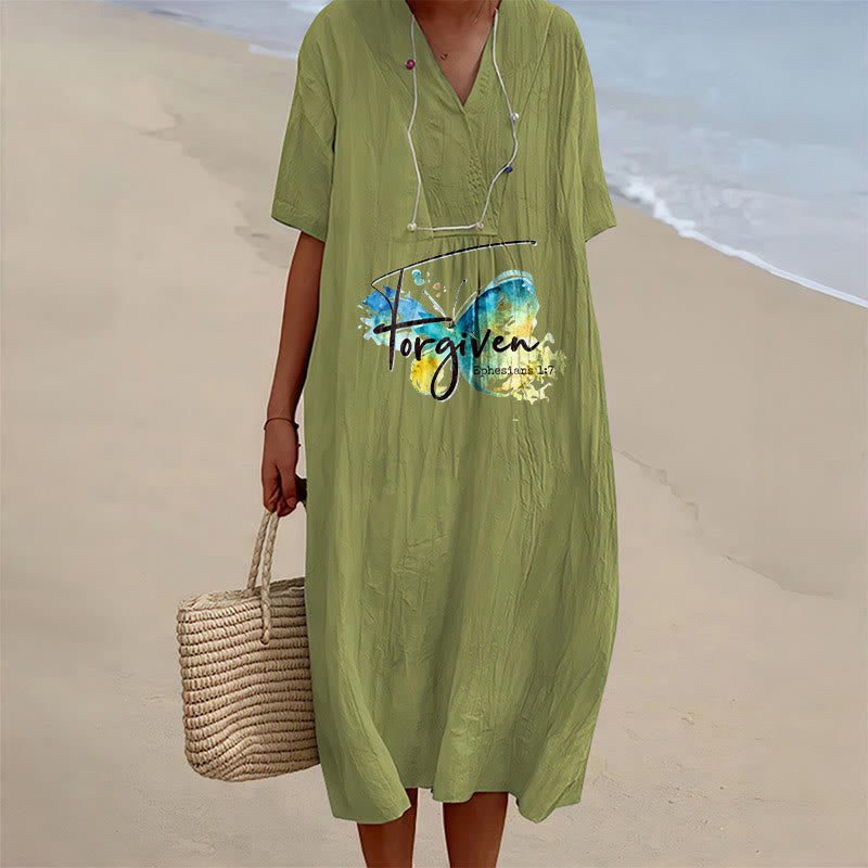 Christianartworkshop Church Gathering Outfit Bible Verse Watercolor Butterfly V-Neck Midi Dress - Olive Green - 4XL - image 0