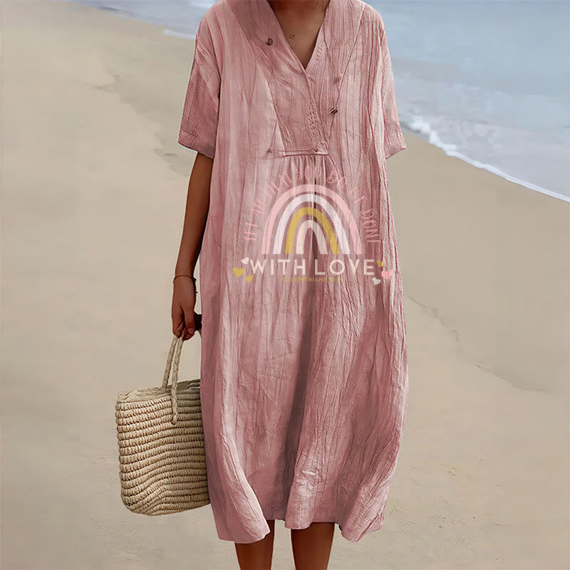 Christianartworkshop Plain Tone Love Scripture Rainbow Heart Slogan V-Neck Casual Midi Dress - Pink - 4XL - image 15