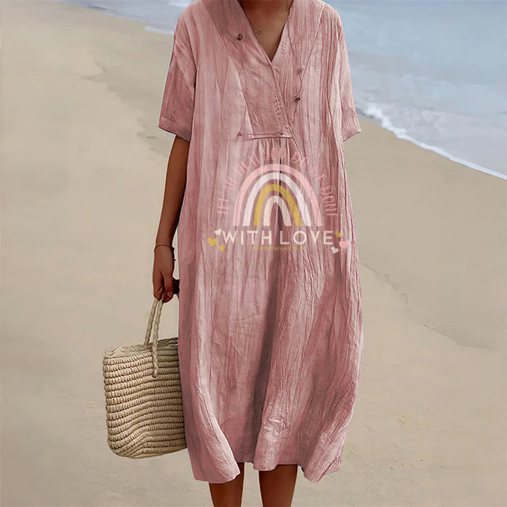 Christianartworkshop Plain Tone Love Scripture Rainbow Heart Slogan V-Neck Casual Midi Dress - Pink - 4XL - image 15
