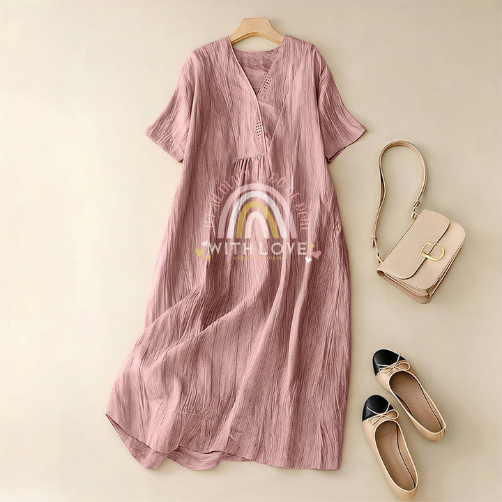 Christianartworkshop Plain Tone Love Scripture Rainbow Heart Slogan V-Neck Casual Midi Dress - image 16