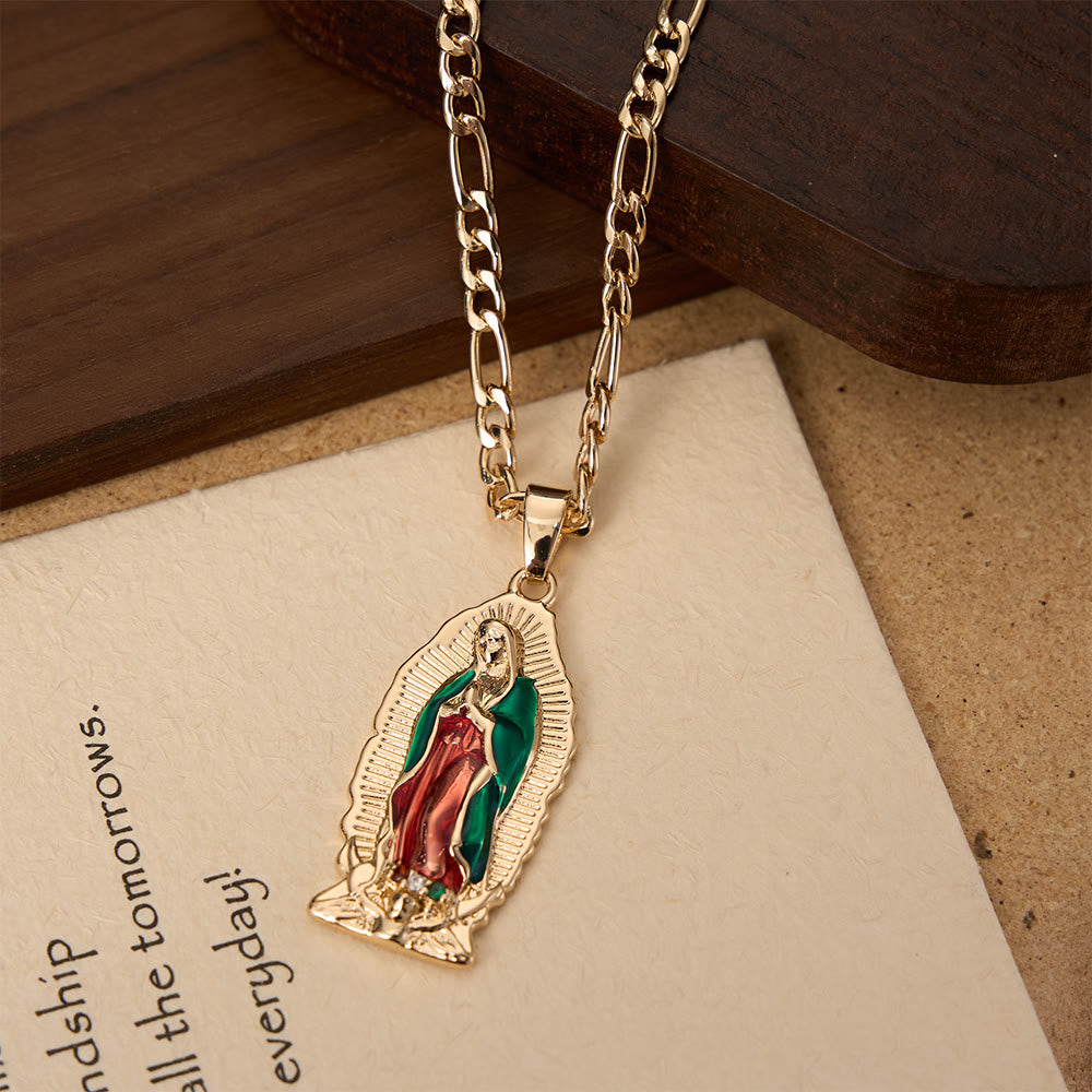Christianartworkshop Elegant Sunburst Border Enamel Virgin Guadalupe Pendant Chunky Figaro Chain - image 4