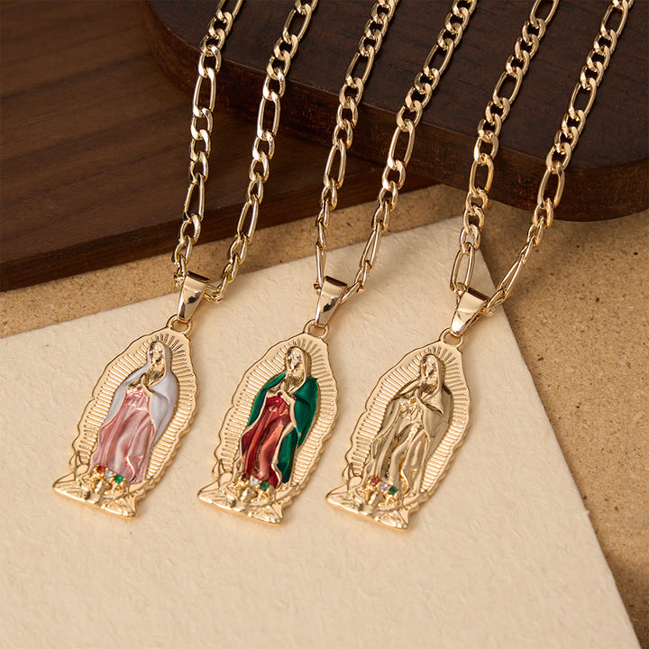 Christianartworkshop Elegant Sunburst Border Enamel Virgin Guadalupe Pendant Chunky Figaro Chain - image 3