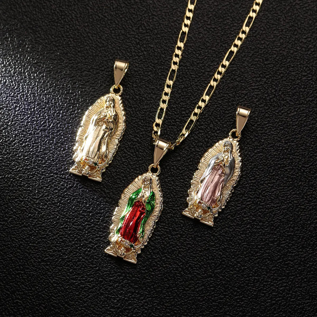 Christianartworkshop Elegant Sunburst Border Enamel Virgin Guadalupe Pendant Chunky Figaro Chain - image 3