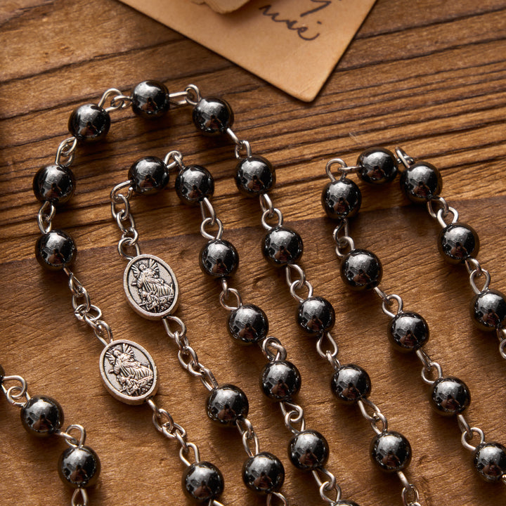 Christianartworkshop Antique Silver Archangel Medal Hematite Rosary with Matching Engraved Round Box - image 3