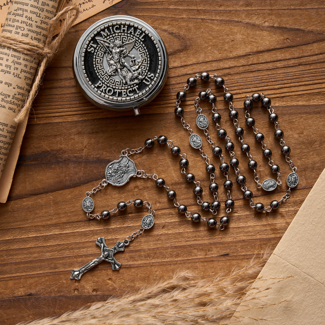 Christianartworkshop Antique Silver Archangel Medal Hematite Rosary with Matching Engraved Round Box - image 2