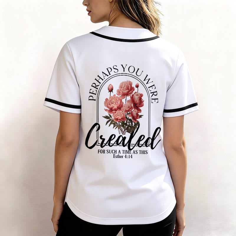 Christianartworkshop "Perhaps You Were Created For Such A Time As This" Esther 4:14 Peony Faith Print Button-Up Baseball Jersey - image 5