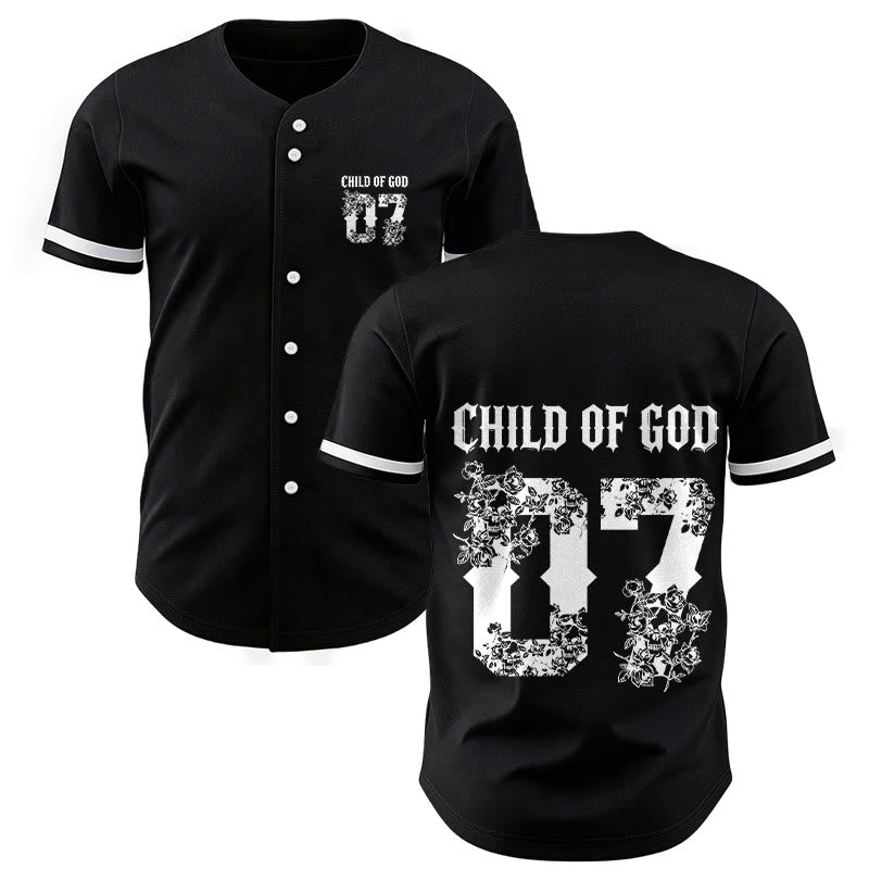 Christianartworkshop "Child Of God" Floral Filled Number 07 Button-Up Baseball Jersey - Black - 5XL - image 0