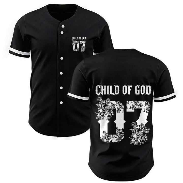 Christianartworkshop "Child Of God" Floral Filled Number 07 Button-Up Baseball Jersey - Black - 5XL - image 0