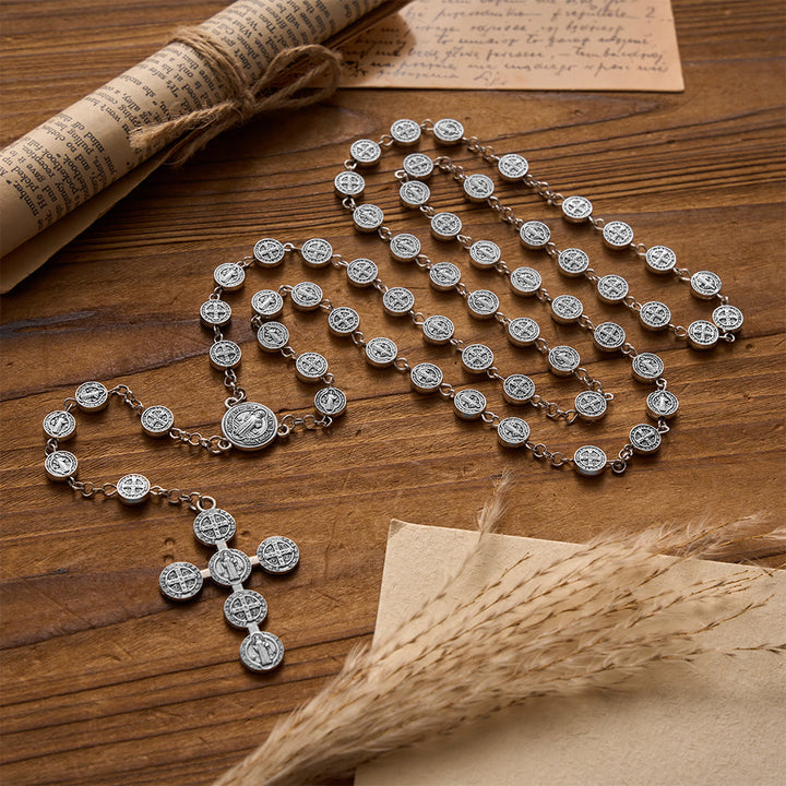 Christianartworkshop Antique Silver Double-Sided St.Benedict Round Medal Rosary with Combined Medal Cross - image 1