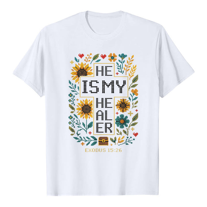 Christianartworkshop Inspirational Exodus 15:26 Floral Cross Stitch Detail Premium Short Sleeve T-Shirt - White - 2XL - image 2