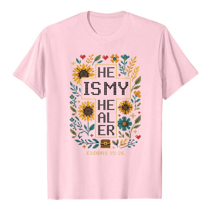 Christianartworkshop Inspirational Exodus 15:26 Floral Cross Stitch Detail Premium Short Sleeve T-Shirt - Pink - 2XL - image 3