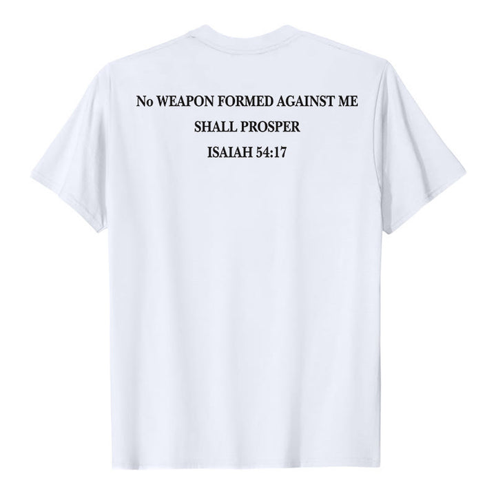 Christianartworkshop No Weapon Formed Against Me Shall Prosper Isaiah 54:17 Front Cross Back Scripture Premium Short Sleeve T-Shirt - image 8
