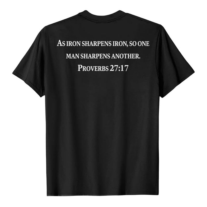 Christianartworkshop As Iron Sharpens Iron Proverbs 27:17 Front Chest Cross Back Scripture Premium Short Sleeve T-Shirt - image 2