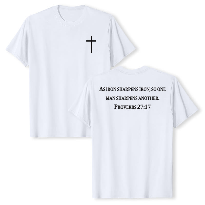 Christianartworkshop As Iron Sharpens Iron Proverbs 27:17 Front Chest Cross Back Scripture Premium Short Sleeve T-Shirt - White - 2XL - image 6