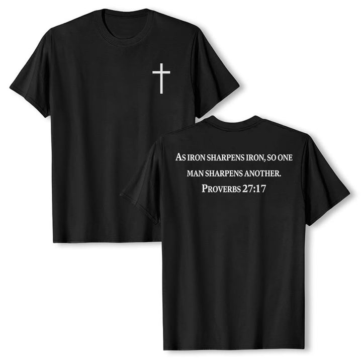 Christianartworkshop As Iron Sharpens Iron Proverbs 27:17 Front Chest Cross Back Scripture Premium Short Sleeve T-Shirt - Black - 2XL - image 0