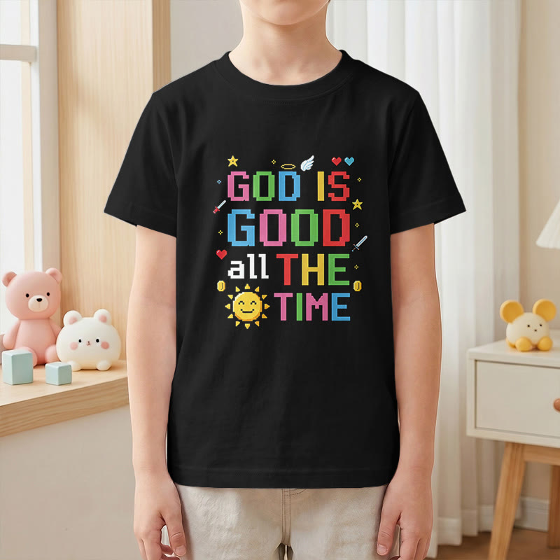 Christianartworkshop "God Is Good All The Time" Colorful Pixel Sun Angel Detail Kids Short Sleeve T-Shirt - image 1
