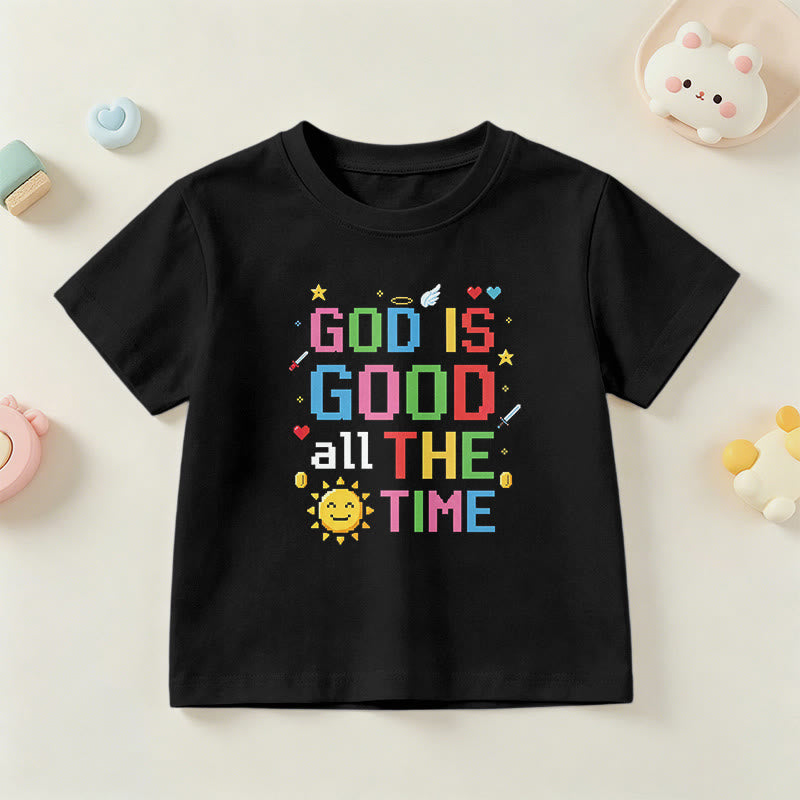 Christianartworkshop "God Is Good All The Time" Colorful Pixel Sun Angel Detail Kids Short Sleeve T-Shirt - Black - US/UK/AU 14, EU170 - image 0
