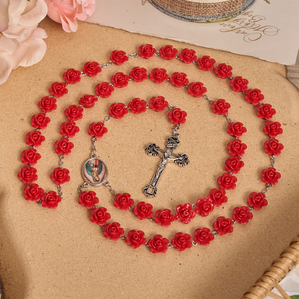 Christianartworkshop Elegant Red Rose Bloom Bead Our Lady Enamel Medal Crucifix Rosary - image 2