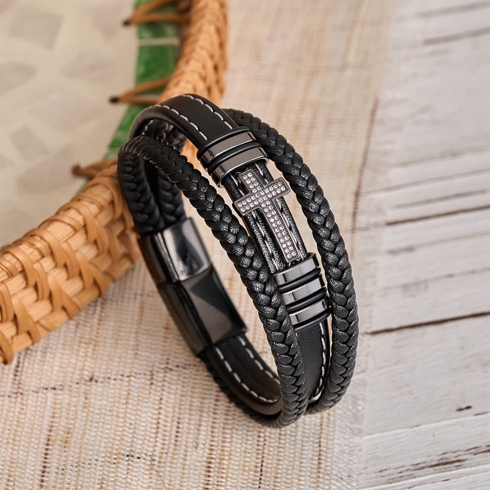 Christianartworkshop Multi-Layer Braided Leather Bracelet with Pave Zircon Cross & Three-Tone Metal Spacer - Black - 23cm - image 1