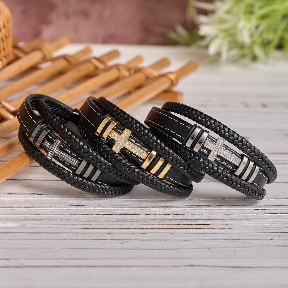 Christianartworkshop Multi-Layer Braided Leather Bracelet with Pave Zircon Cross & Three-Tone Metal Spacer - image 0