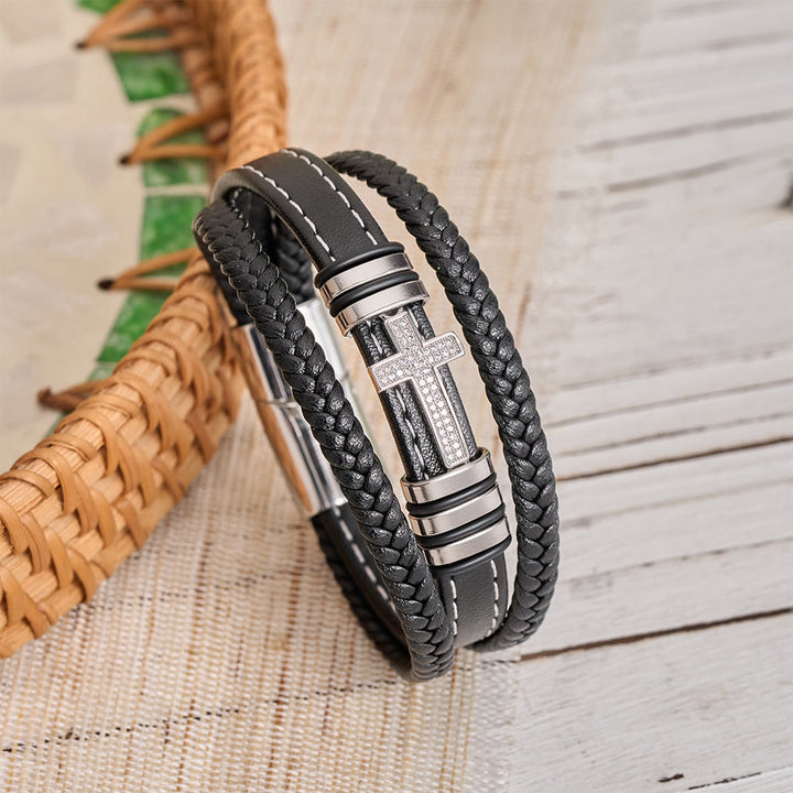 Christianartworkshop Multi-Layer Braided Leather Bracelet with Pave Zircon Cross & Three-Tone Metal Spacer - Silver - 23cm - image 7