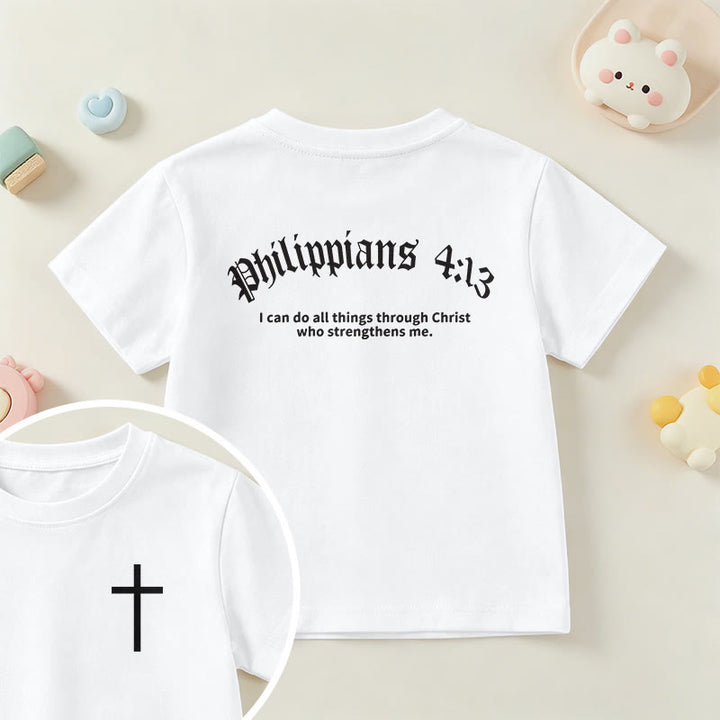Christianartworkshop Philippians 4:13 Front Chest Cross Back Gothic Font Scripture Kids Short Sleeve T-Shirt - White - US/UK/AU 14, EU170 - image 9