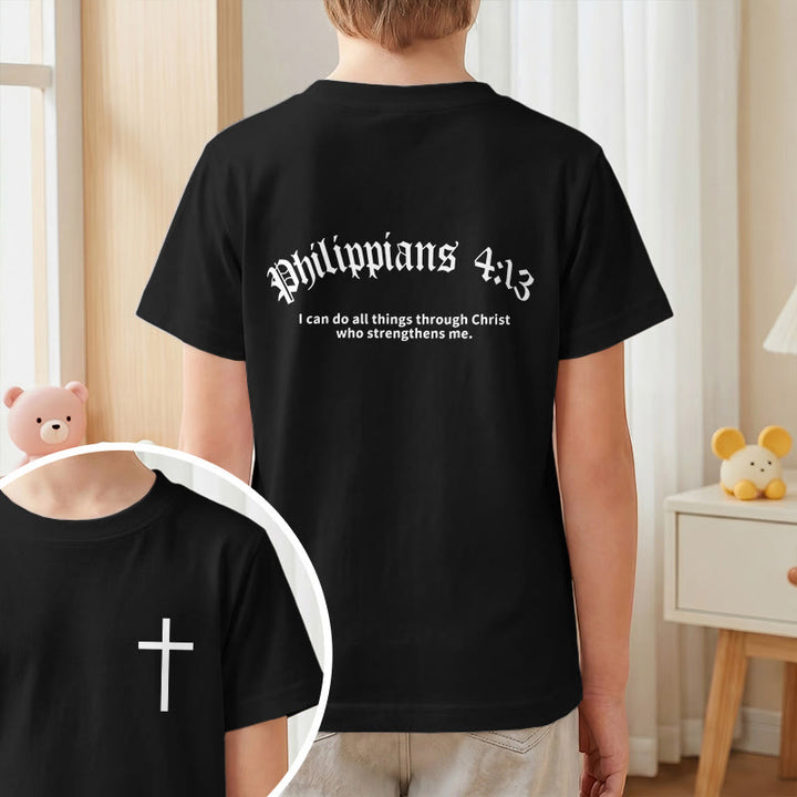 Christianartworkshop Philippians 4:13 Front Chest Cross Back Gothic Font Scripture Kids Short Sleeve T-Shirt - image 37