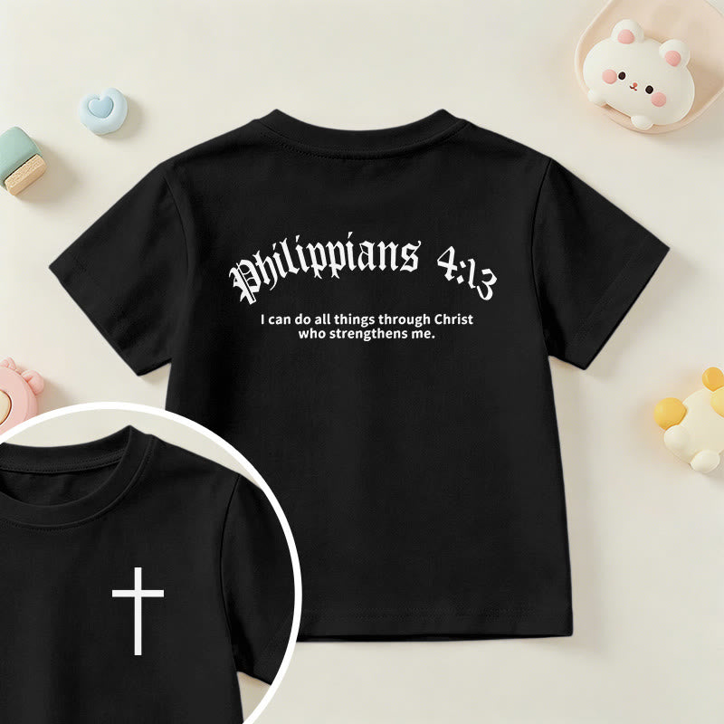 Christianartworkshop Philippians 4:13 Front Chest Cross Back Gothic Font Scripture Kids Short Sleeve T-Shirt - Black - US/UK/AU 14, EU170 - image 36