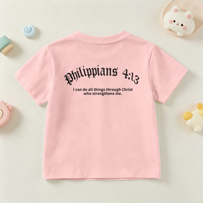 Christianartworkshop Philippians 4:13 Front Chest Cross Back Gothic Font Scripture Kids Short Sleeve T-Shirt - image 69