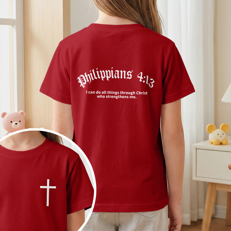 Christianartworkshop Philippians 4:13 Front Chest Cross Back Gothic Font Scripture Kids Short Sleeve T-Shirt - image 56