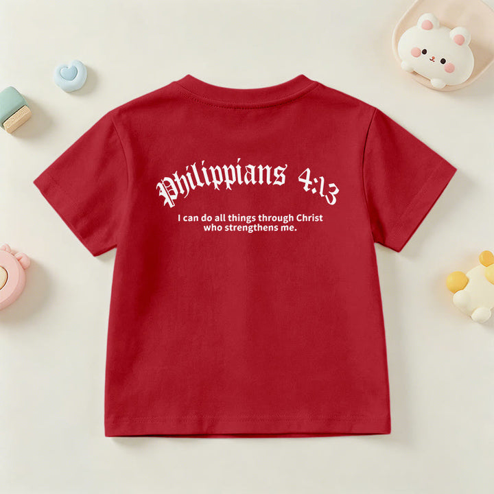Christianartworkshop Philippians 4:13 Front Chest Cross Back Gothic Font Scripture Kids Short Sleeve T-Shirt - image 60