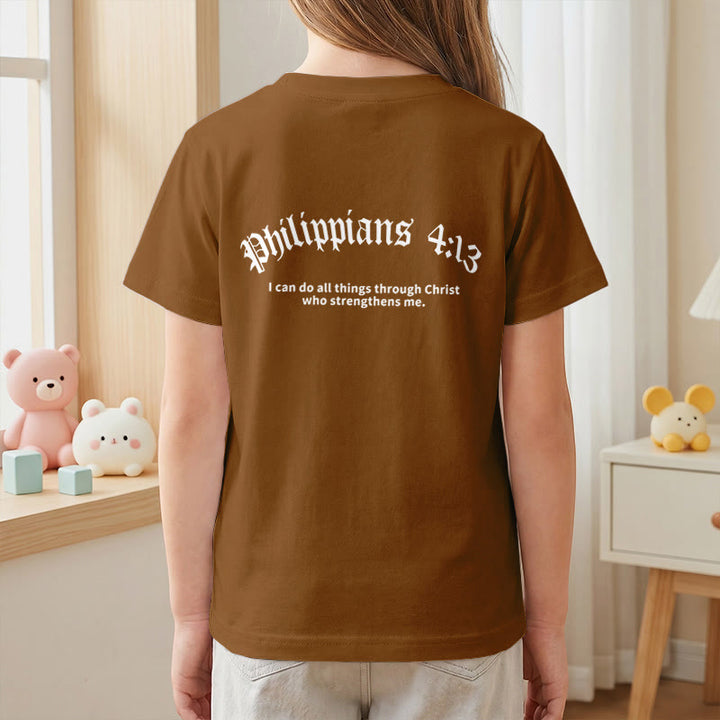 Christianartworkshop Philippians 4:13 Front Chest Cross Back Gothic Font Scripture Kids Short Sleeve T-Shirt - image 26