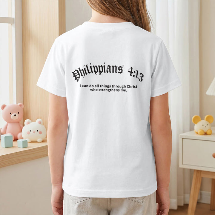 Christianartworkshop Philippians 4:13 Front Chest Cross Back Gothic Font Scripture Kids Short Sleeve T-Shirt - image 17