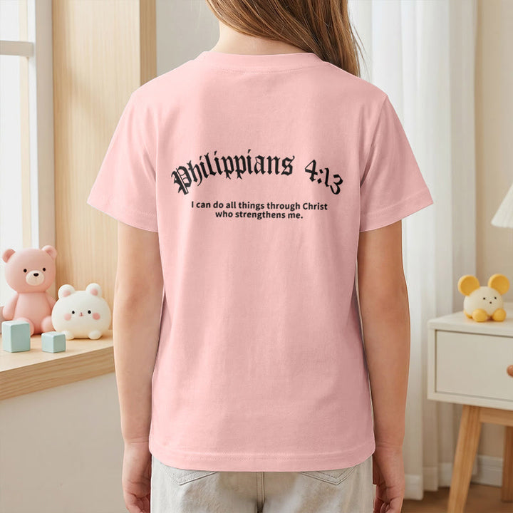Christianartworkshop Philippians 4:13 Front Chest Cross Back Gothic Font Scripture Kids Short Sleeve T-Shirt - image 71