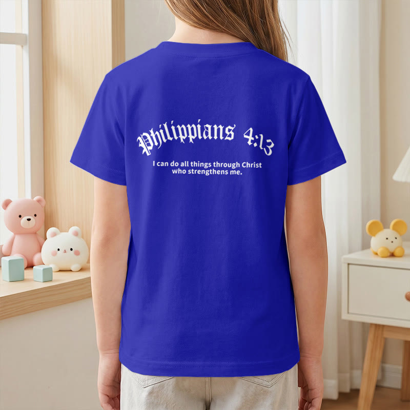 Christianartworkshop Philippians 4:13 Front Chest Cross Back Gothic Font Scripture Kids Short Sleeve T-Shirt - image 83