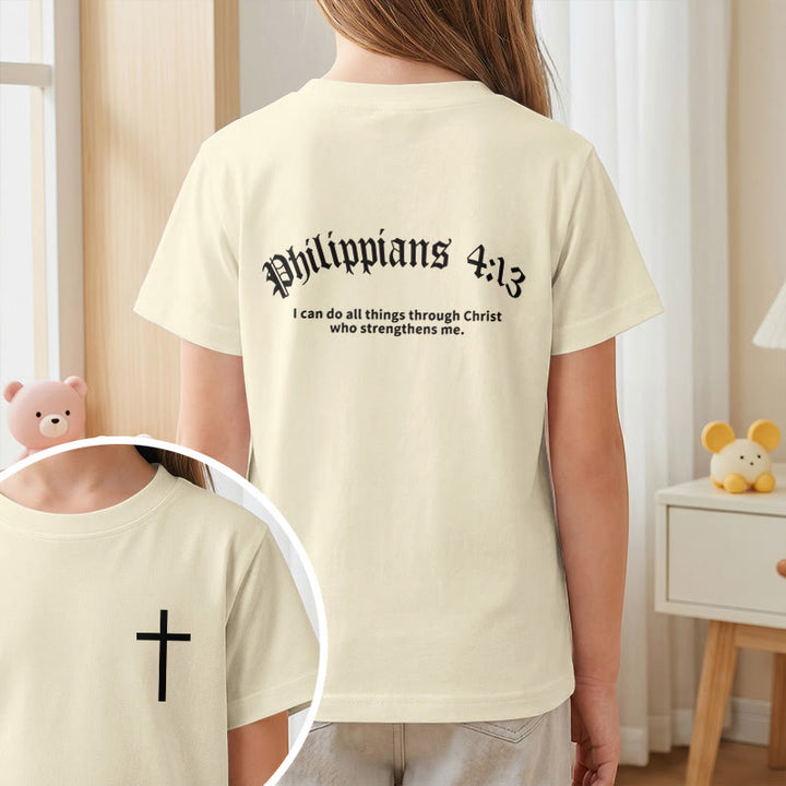 Christianartworkshop Philippians 4:13 Front Chest Cross Back Gothic Font Scripture Kids Short Sleeve T-Shirt - image 2