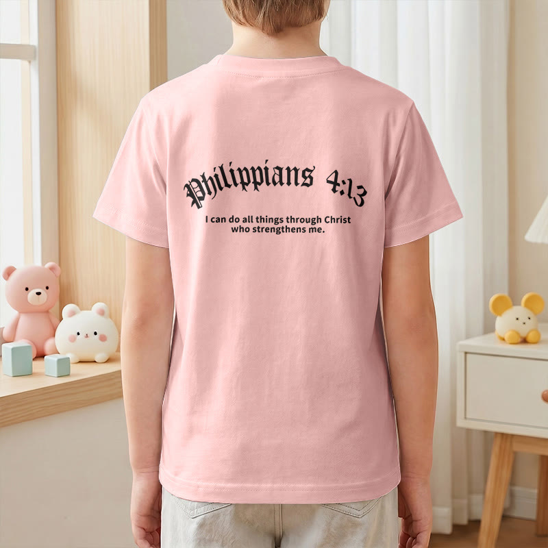 Christianartworkshop Philippians 4:13 Front Chest Cross Back Gothic Font Scripture Kids Short Sleeve T-Shirt - image 70