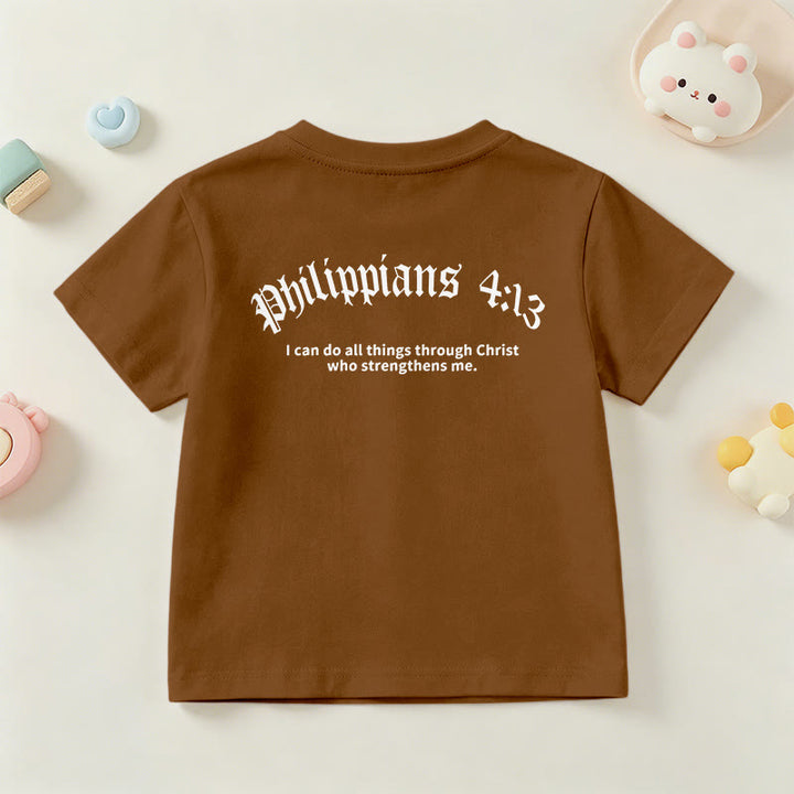 Christianartworkshop Philippians 4:13 Front Chest Cross Back Gothic Font Scripture Kids Short Sleeve T-Shirt - image 24