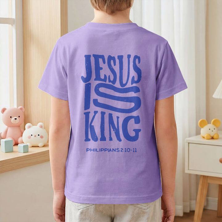 Christianartworkshop "Jesus Is King" Philippians 2:10-11 Distressed Bold Font Front Back Print Kids Short Sleeve T-Shirt - image 52
