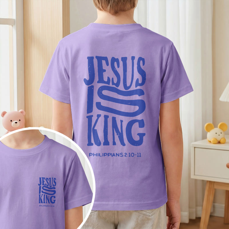 Christianartworkshop "Jesus Is King" Philippians 2:10-11 Distressed Bold Font Front Back Print Kids Short Sleeve T-Shirt - image 46