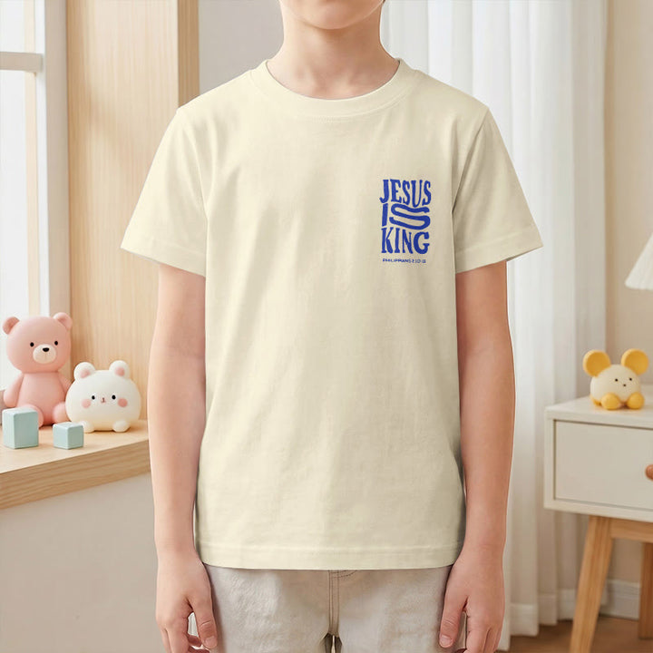 Christianartworkshop "Jesus Is King" Philippians 2:10-11 Distressed Bold Font Front Back Print Kids Short Sleeve T-Shirt - image 4